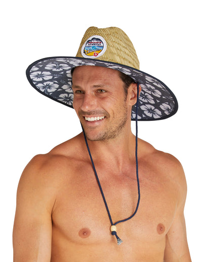 A naked male model wearing the Okanui wide brim straw hat