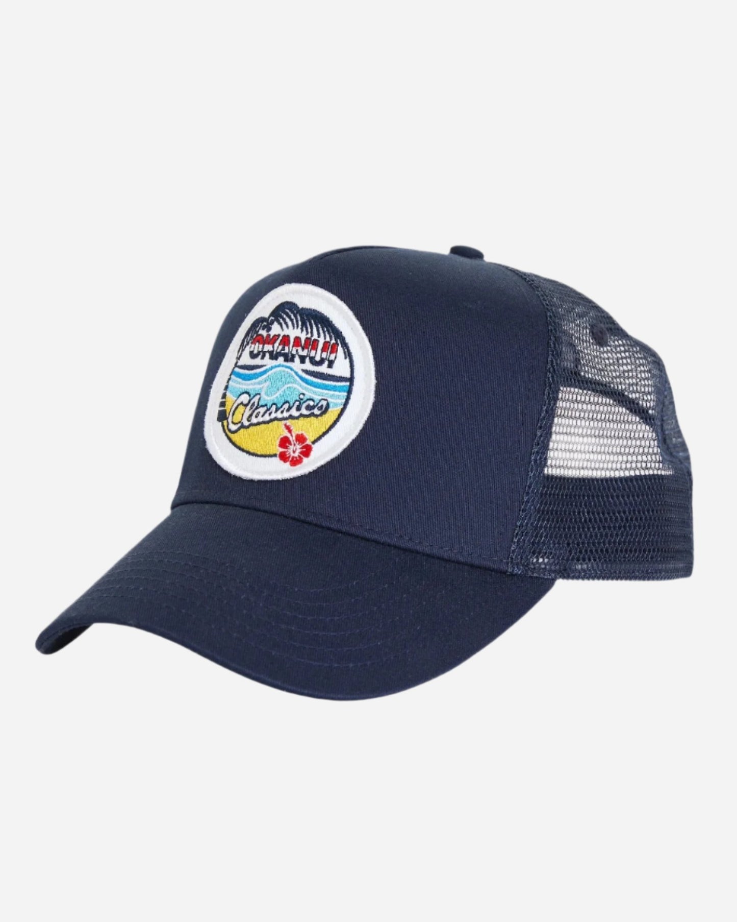 Front view of the Okanui summer access classic badge snapback trucker cap