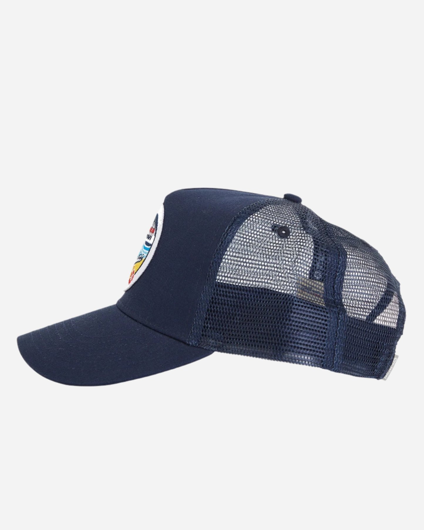 Left side view of the Okanui summer access classic badge snapback trucker cap