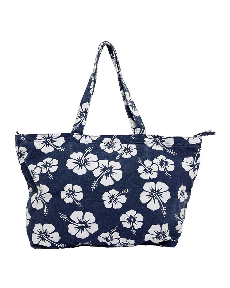 Back view of the Okanui womens beach tote bag in hibiscus print