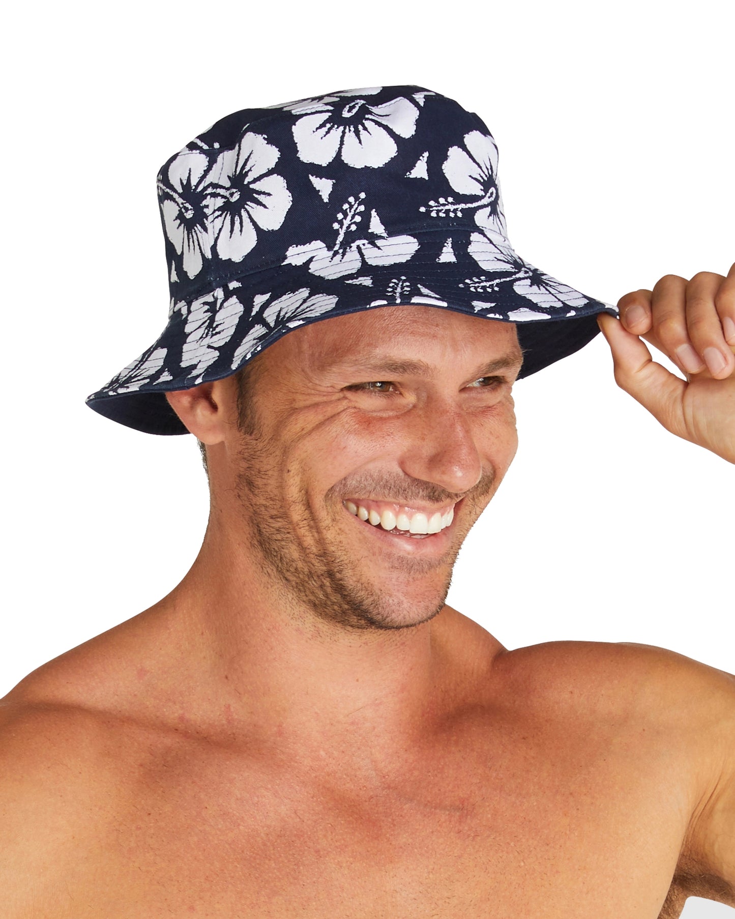 Close up of the Okanui Reversible Bucket Hat reversed and being worn by a male model.