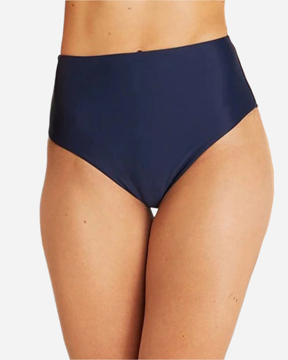 Close up view of the Okanui high cut waist bikini bottom swimsuit in Navy