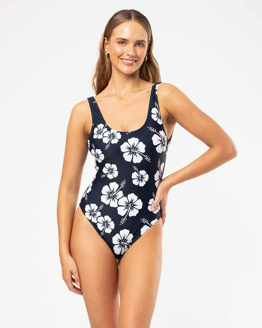 Backless One Piece  - Hibiscus Navy