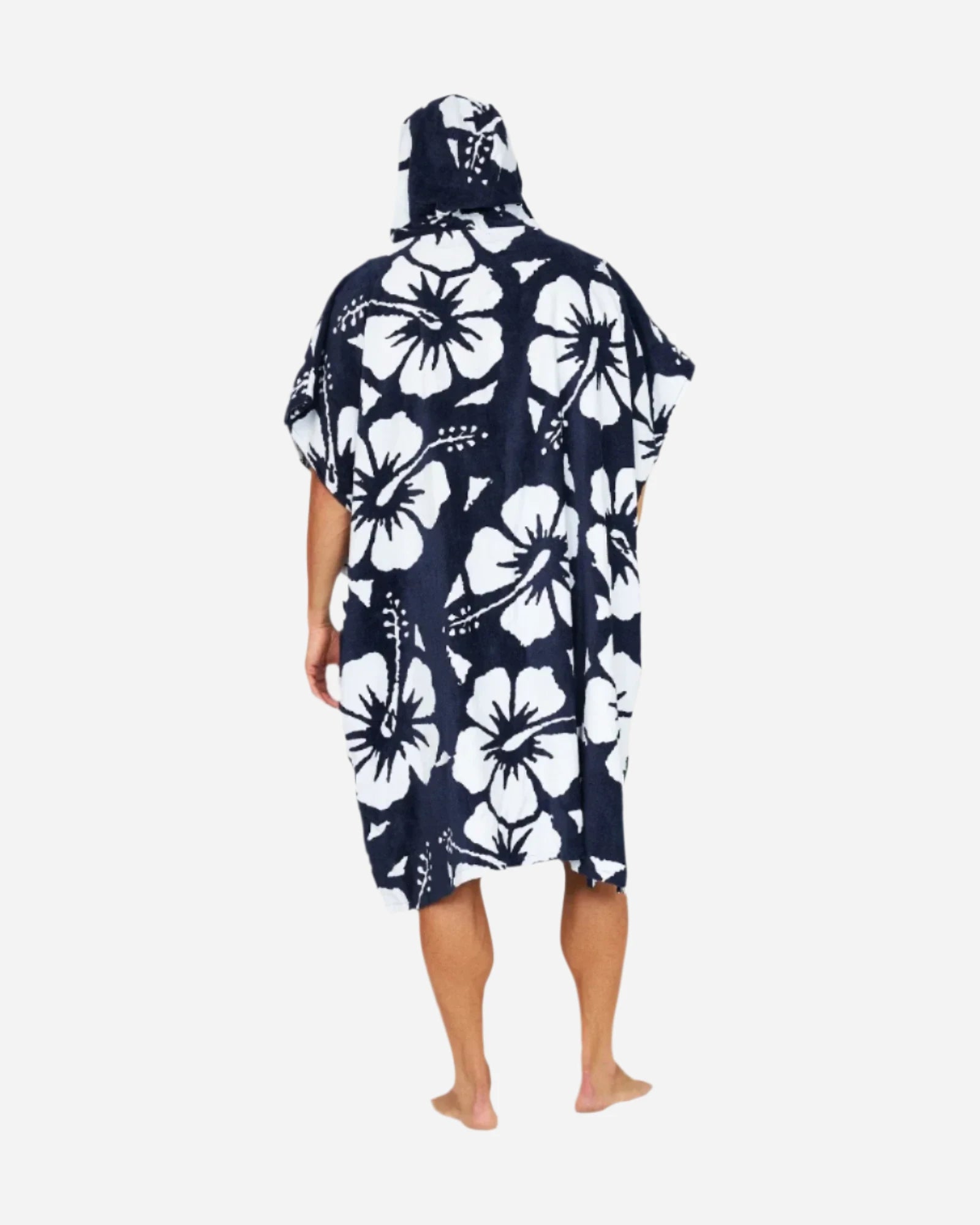 Rear view of the Okanui hooded towels for Men in Hibiscus Navy print