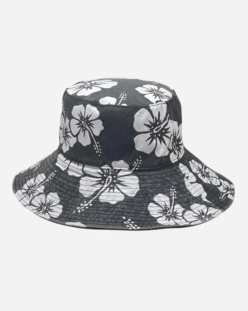Womens - Reversible Bucket Hat - Classic Bucket Hat - Hibiscus Vintage Washed Black