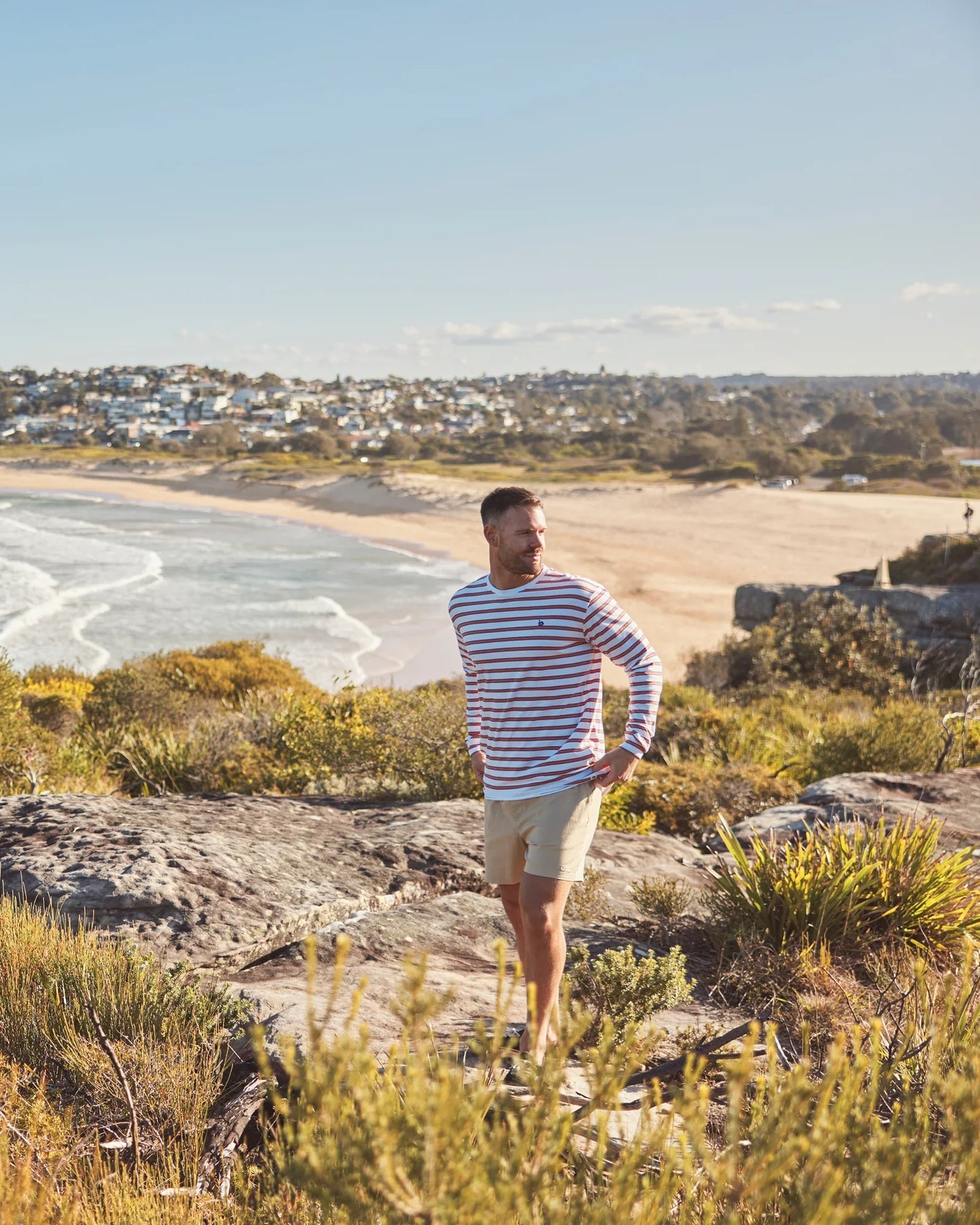 Mens - L/S T-Shirt - Stripe Staple - White / Rust