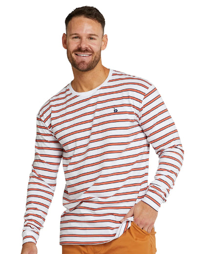 Mens - L/S T-Shirt - Stripe Staple - White / Rust