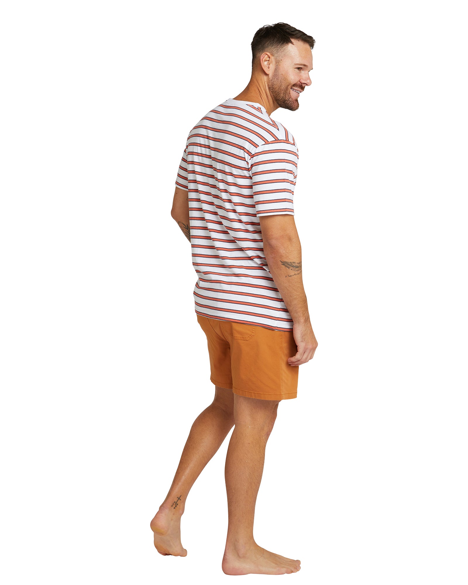 Mens -  T-Shirt  - Stripe Staple - White / Rust