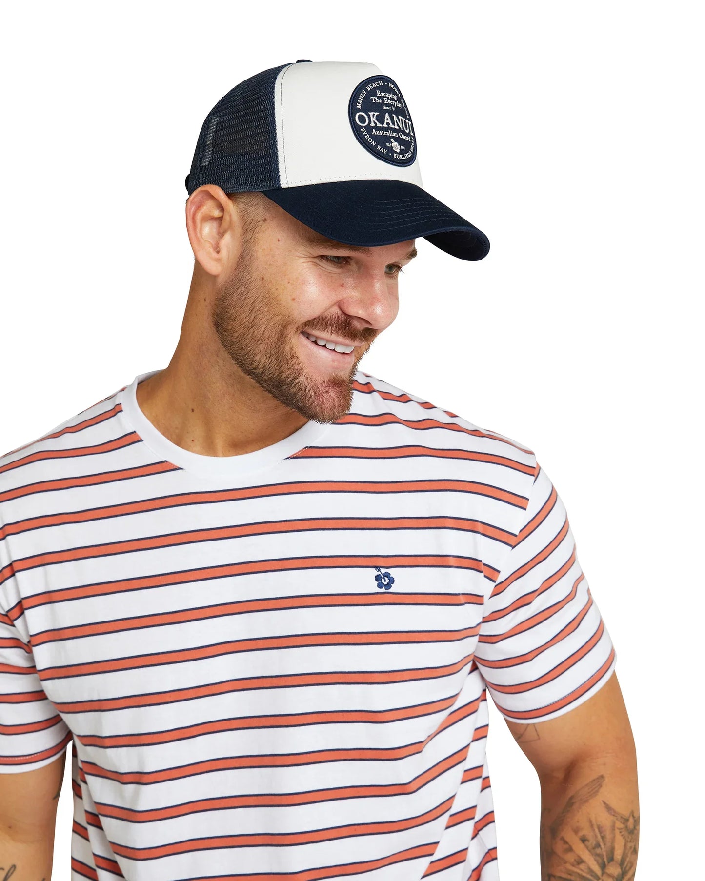 Mens -  T-Shirt  - Stripe Staple - White / Rust