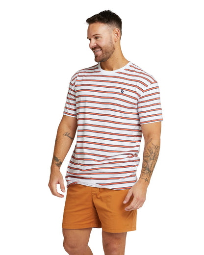 Mens -  T-Shirt  - Stripe Staple - White / Rust