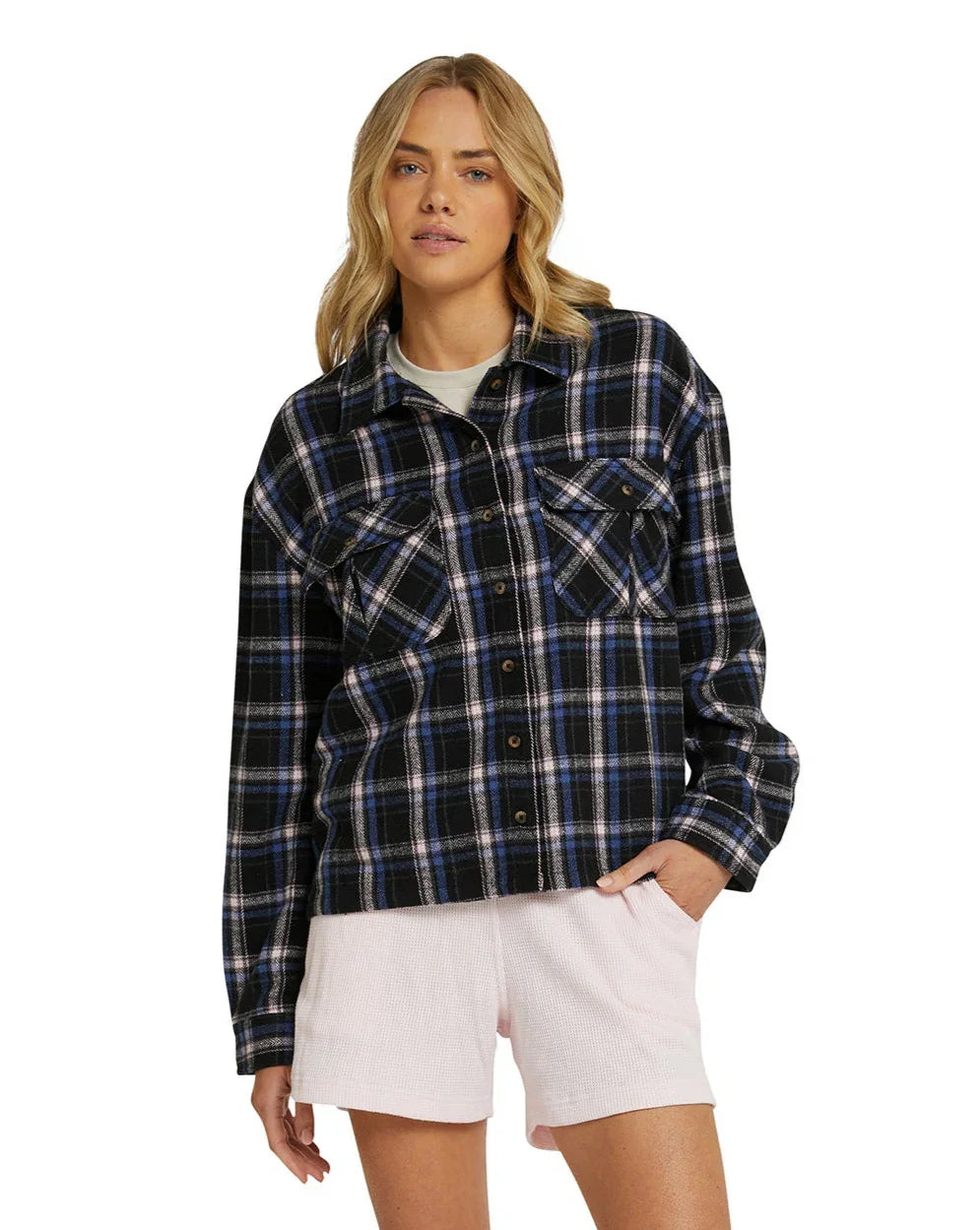 Womens - Long Sleeve Flannel Shirt - Roadtrip - Navy/Pink