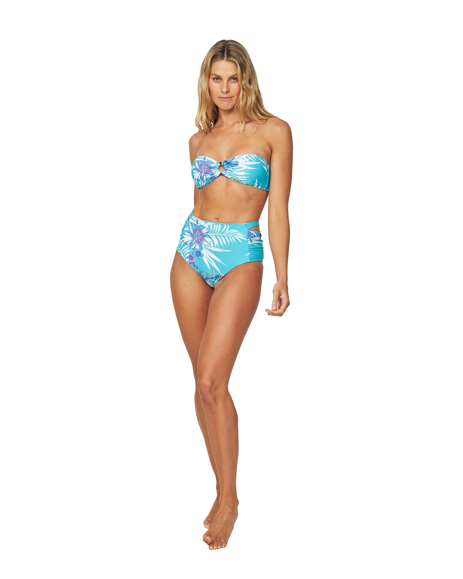 Womens - Swim Top - Bardot Bandeau - Tropical Hibiscus Aqua
